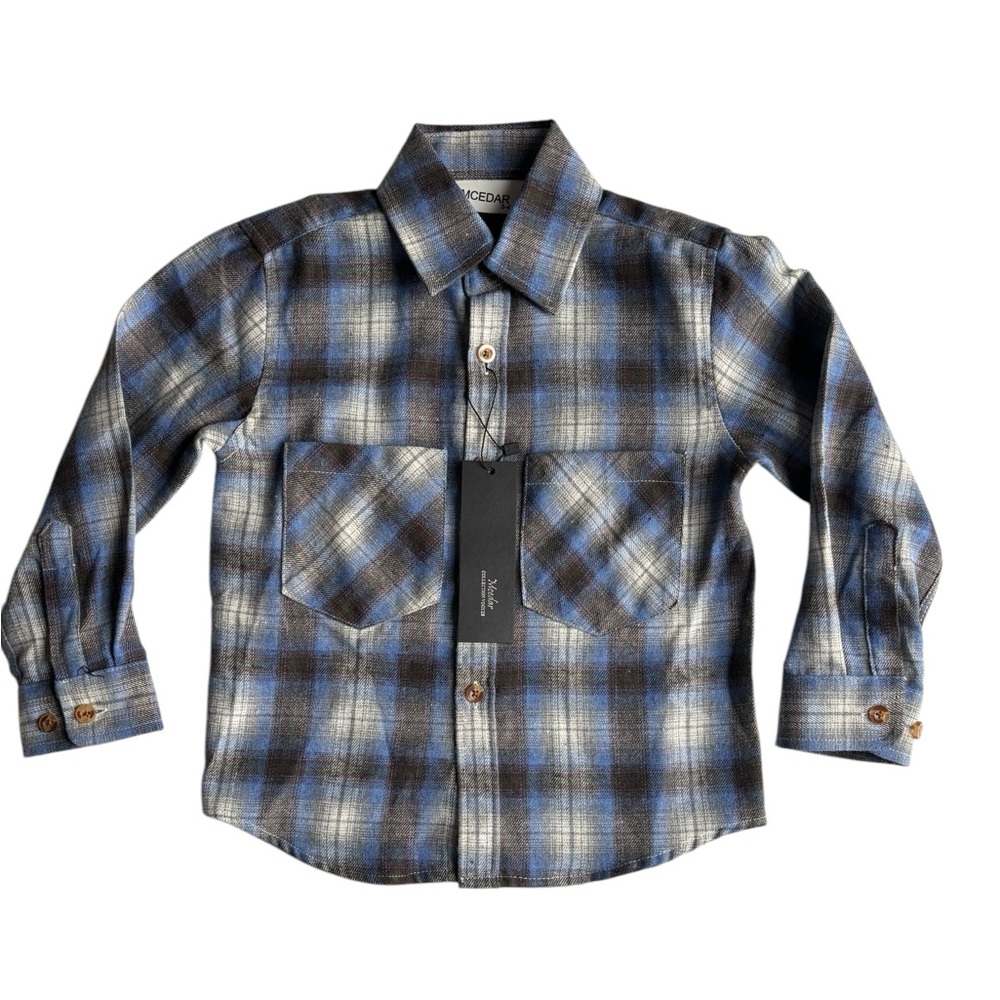 MCEDAR 100% Cotton Blue & Grey Toddler Boys Plaid Flannel Button Down Shirt